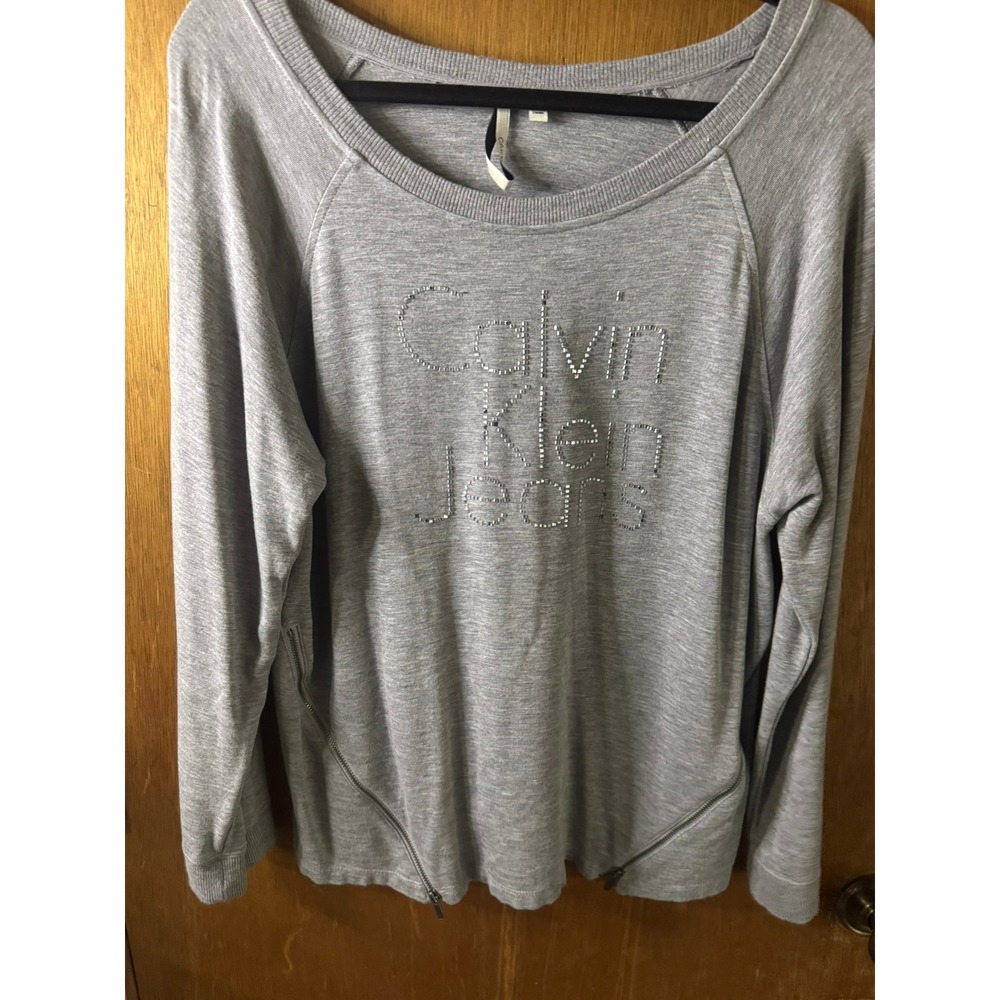 Calvin Klein Jeans Womens Gray Rhinestone Logo Zipper Hem Long Sleeve Top Large